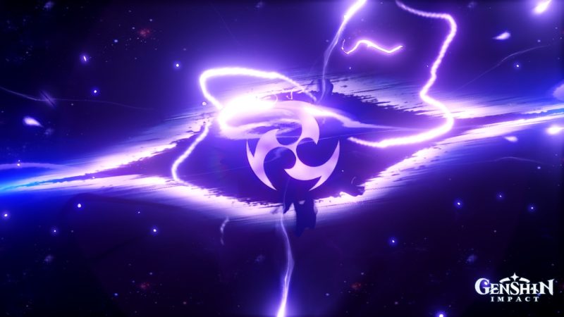 purple tear in the sky in the shape of an eye, with the electro symbol in its centre